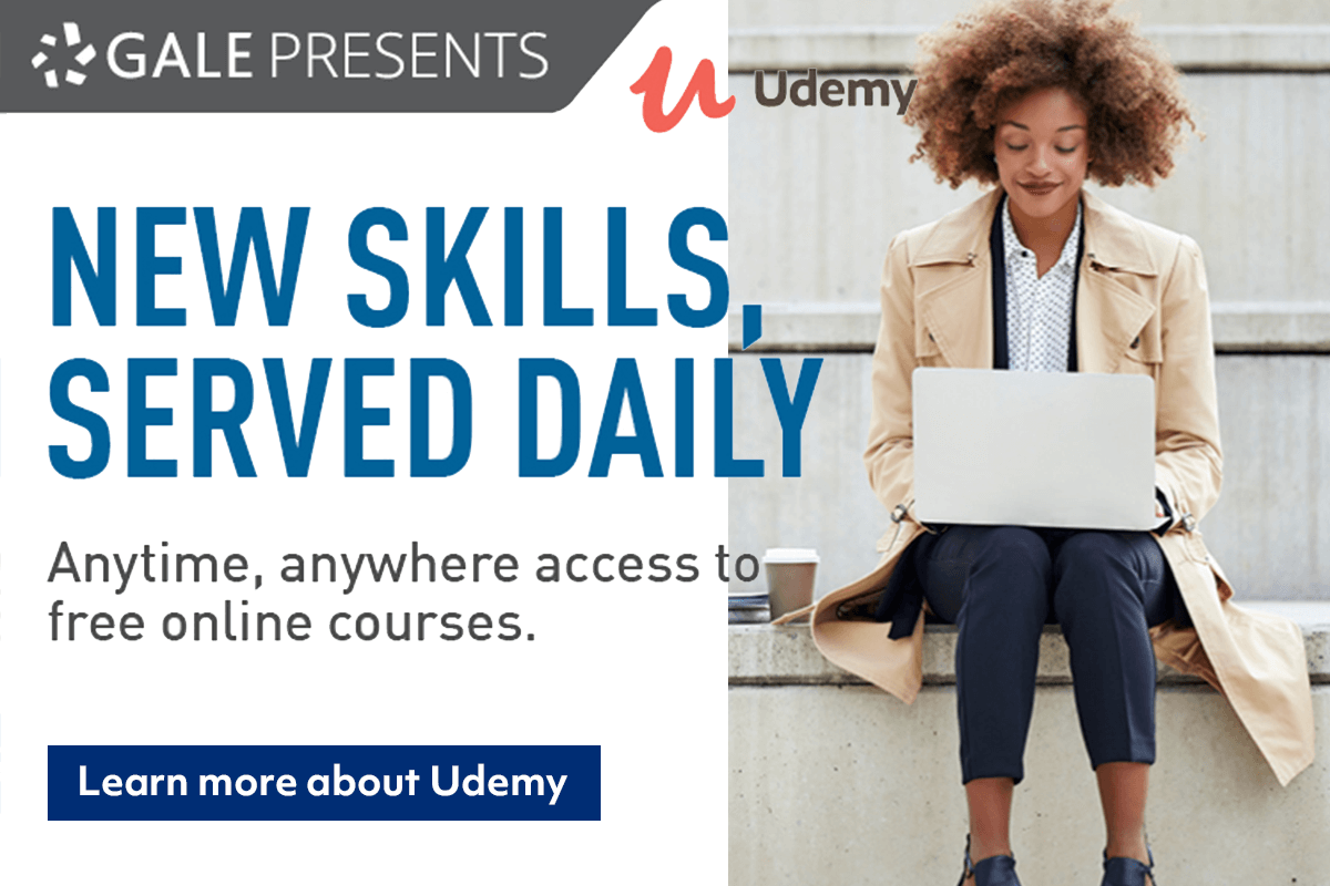 A woman sits outside with a laptop and coffee. Text: Gale presents Udemy. New skills, served daily. Anytime, anywhere access to free online courses. Learn more about Udemy.