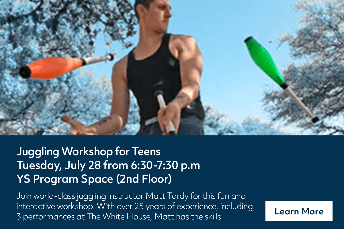 A man outdoors is juggling three clubs—orange, white, and green—against a blue sky. Text below promotes a teen juggling workshop with instructor Matt Tardy, with event details and a Learn More button.
