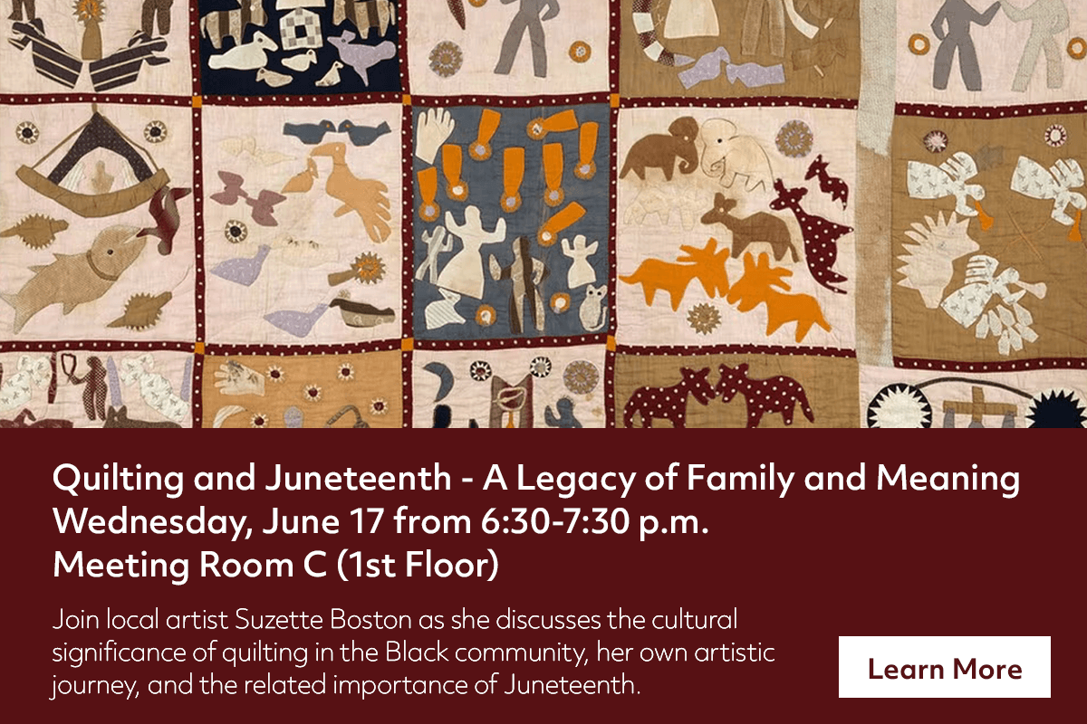 A patchwork quilt with various figures and patterns is shown above event details for a Juneteenth quilting talk by Suzette Boston on June 17, 6:30-7:30 p.m., Meeting Room C. A maroon Learn More button appears.