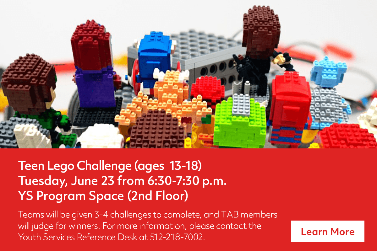 A small car built from black and yellow LEGO bricks sits on a white surface surrounded by loose red and yellow LEGO pieces. An event notice for a Teen Lego Challenge for ages 13-18 is overlaid at the bottom.