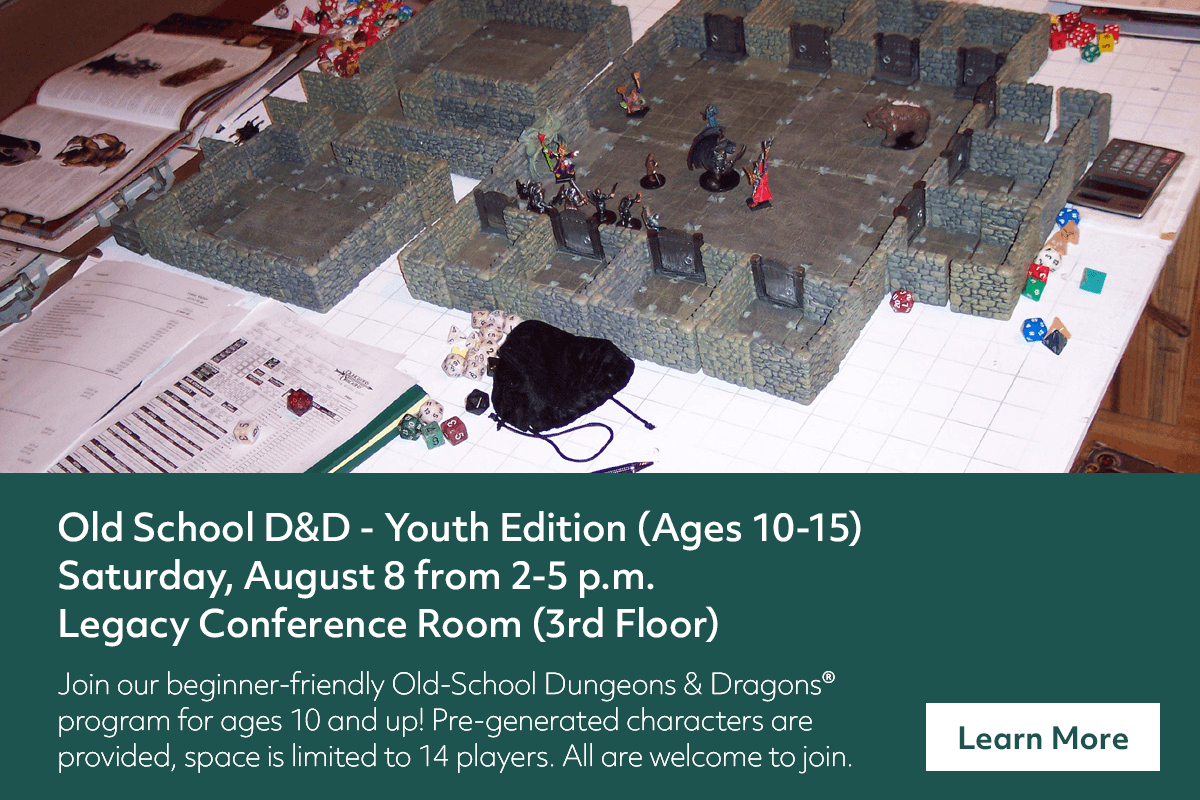A tabletop Dungeons & Dragons game in progress, with miniatures on a dungeon map, dice, notes, and character sheets spread across the table. Event details for a youth D&D session are overlaid at the bottom.