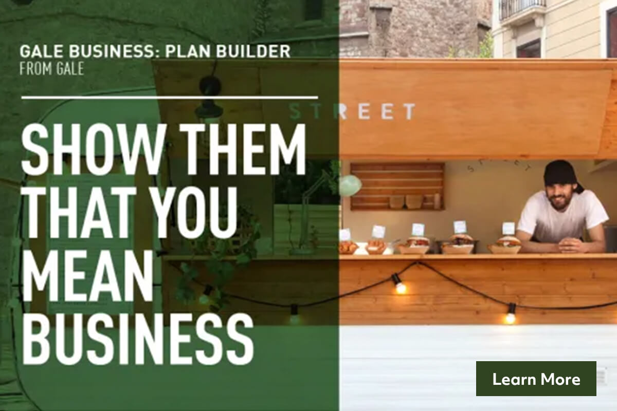 A smiling man with glasses stands in front of a chalkboard. Text reads: Lets get this business started! Find all the planning tools you need in Gale Business: Plan Builder. An orange Start Up Today button is shown.