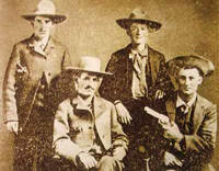 Only known authenticated photo of Sam Bass. L-R: Sam Bass, Joe Collins, John E. Gardner, Joel Collins. Photo courtesy Robert G. McCubbin, Jr. (see note)