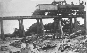 The Georgetown Train crossing Brushy Creek. Notice the cow catcher at the rear of the train.