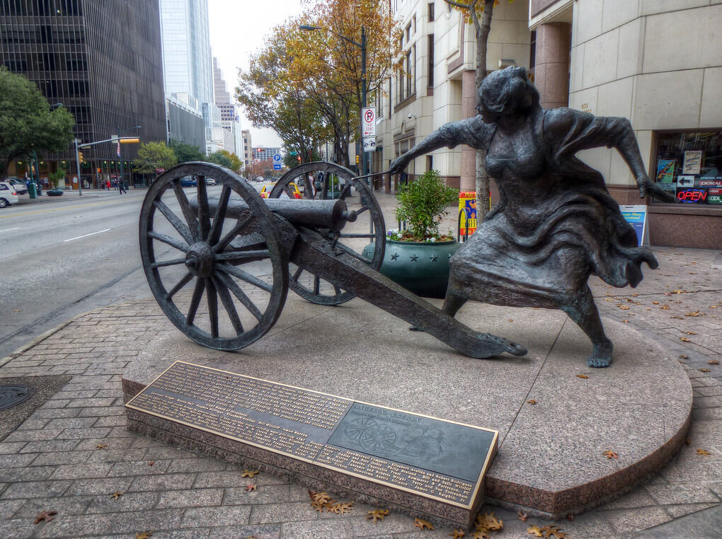 Statue of Angelina Eberly in downtown Austin. Mrs. Eberly fired a cannon to alert the city that President Houston had seized the Texas Archives. Photo: foxnomad.com