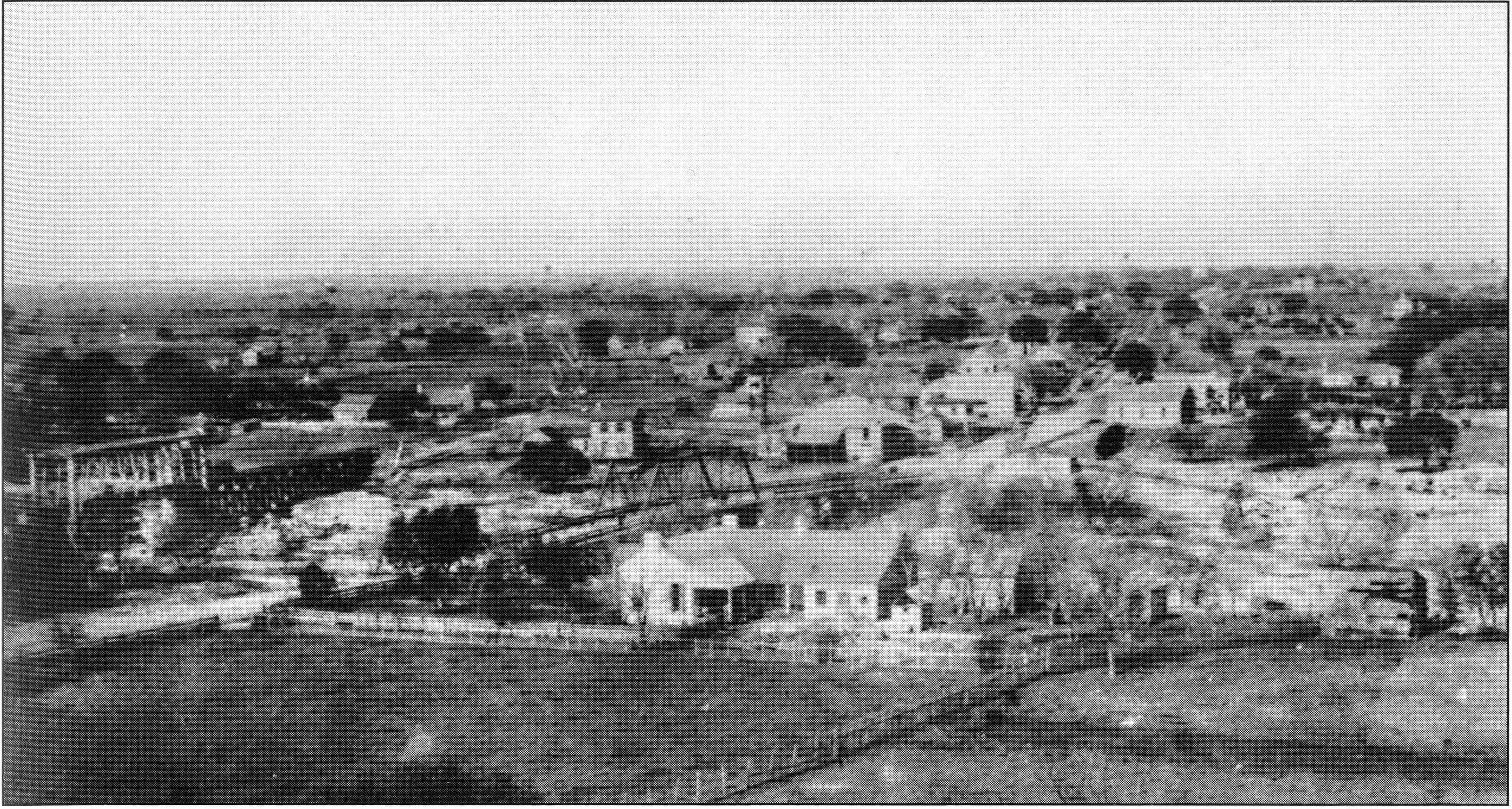 View of old Round Rock circa 1890 (view from the top of the Round Rock Institute, which was built in 1883 and burned down in 1913; the railroad bridge on the far left was washed out in 1900). Photo: Martin Parker