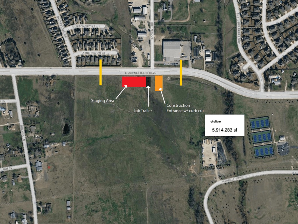 The impacted area will be a small portion of Old Settlers Blvd. between Bluffstone Drive and Settlers Park Loop (indicated by the yellow lines).