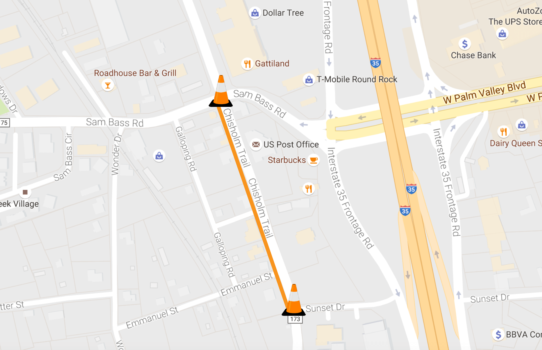 Closure to take place on Chisholm Trail Road between Sam Bass Road and Sunset Street. Motorists should seek an alternate route during scheduled maintenance