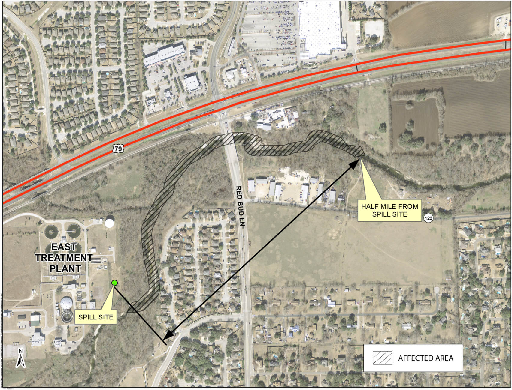 map showing affected area of wastewater spill