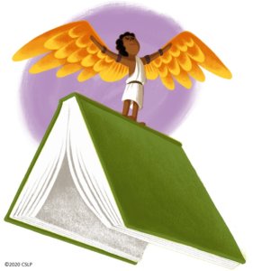 A boy with golden wings standing atop a book prepares to take flight