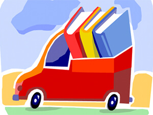 Stylized cartoon of a red pickup with three oversized books filling the pickup bed