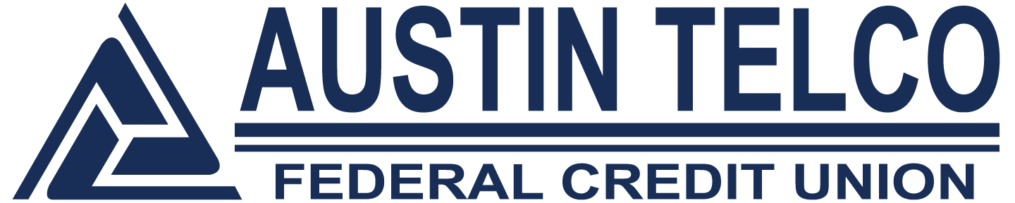 Logo for Austin Telco Federal Credit Union featuring a stylized triangular emblem on the left and the organization’s name in bold blue text to the right, with horizontal lines—perfect for events like Sertoma Independence Day Parade and Frontier Days.