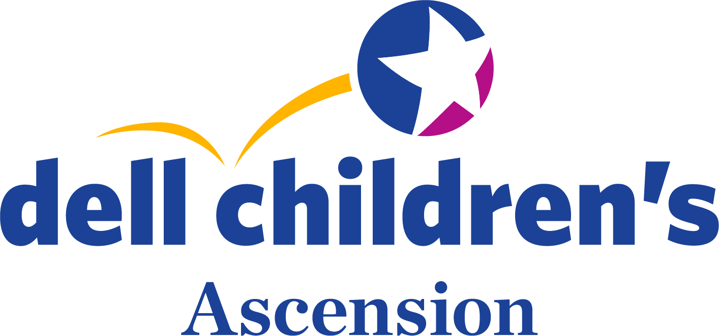 Logo for Dell Children’s Ascension, featuring a blue and white star within a partial circle above the text dell children’s in blue, with Ascension below in smaller blue letters, ideal for events like Sertoma Independence Day Parade and Frontier Days.