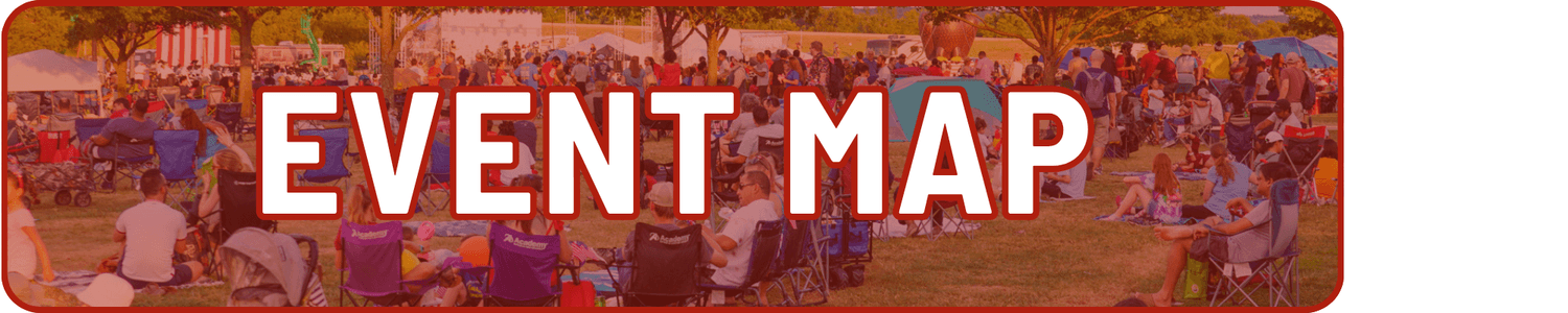 A large crowd of people gathered outdoors, many seated on lawn chairs, with trees and tents in the background. Bold white text in the center reads EVENT MAP for Sertoma Independence Day Parade and Frontier Days.
