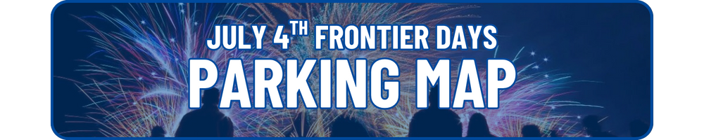 Banner with text July 4th Sertoma Independence Day Parade and Frontier Days Parking Map over a background of fireworks and silhouettes of people watching.