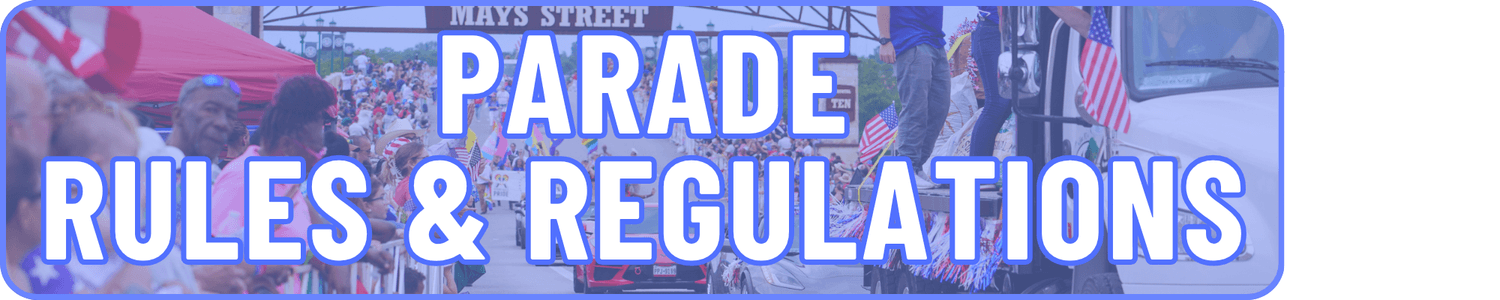 A parade with crowds on both sides of the street and floats passing by, celebrating the Sertoma Independence Day Parade and Frontier Days. Large text in the center reads, “PARADE RULES & REGULATIONS.”.