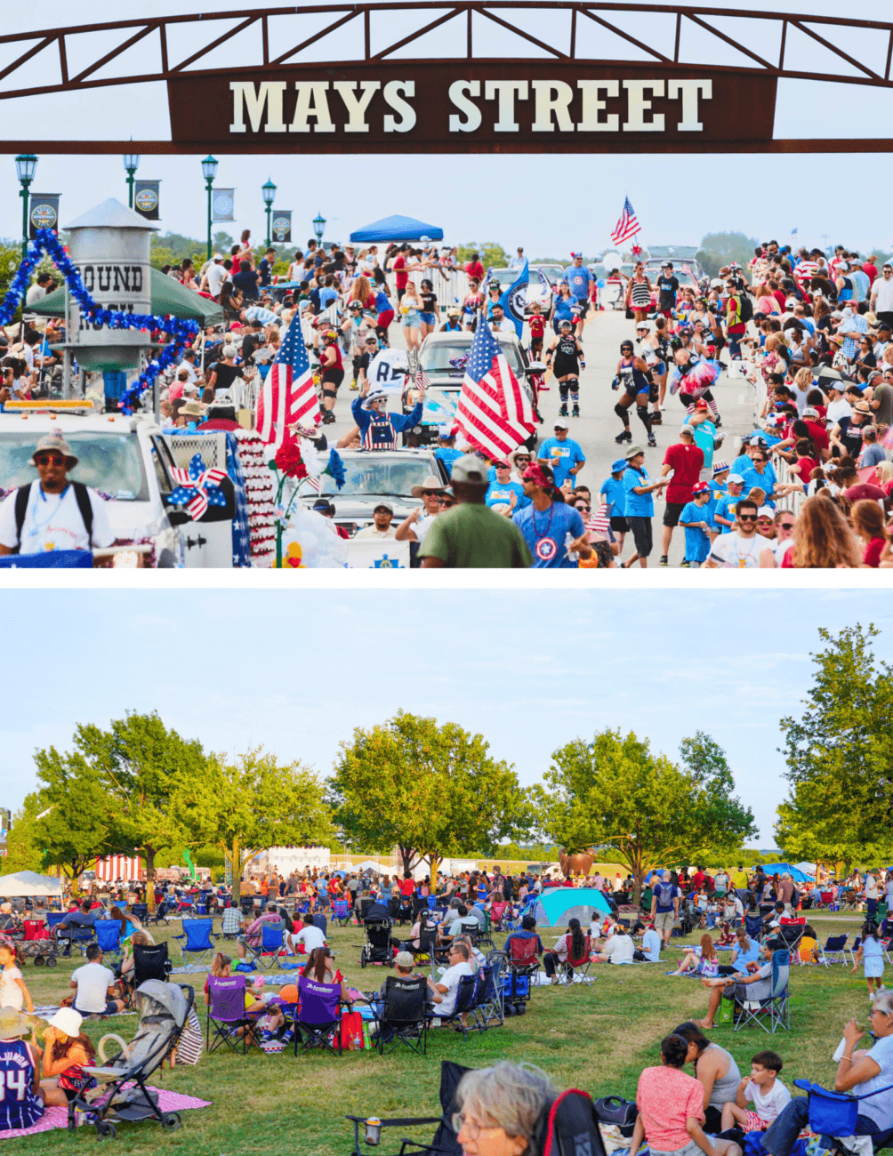 Top: A festive Sertoma Independence Day Parade marches under a Mays Street sign with people carrying American flags. Bottom: A large crowd enjoys Frontier Days, relaxing on blankets and chairs at an outdoor event.