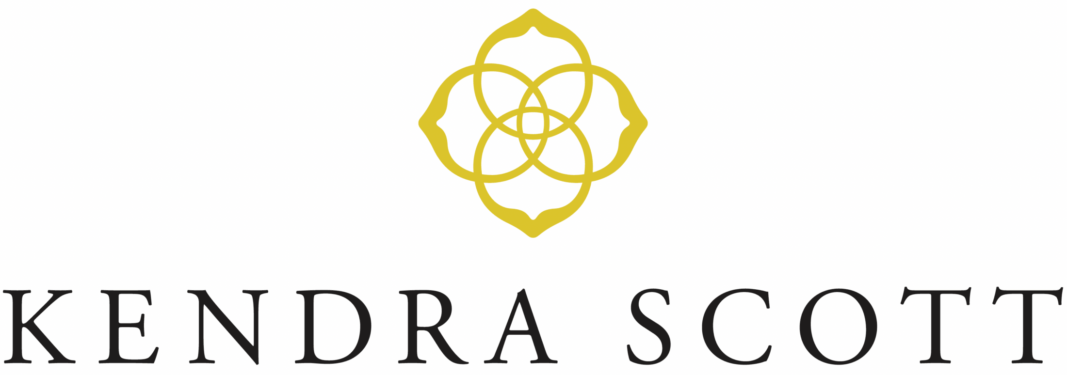 Kendra Scott logo featuring a stylized yellow geometric floral design above the brand name KENDRA SCOTT in uppercase black serif letters, perfect for celebrating events like the Sertoma Independence Day Parade and Frontier Days.