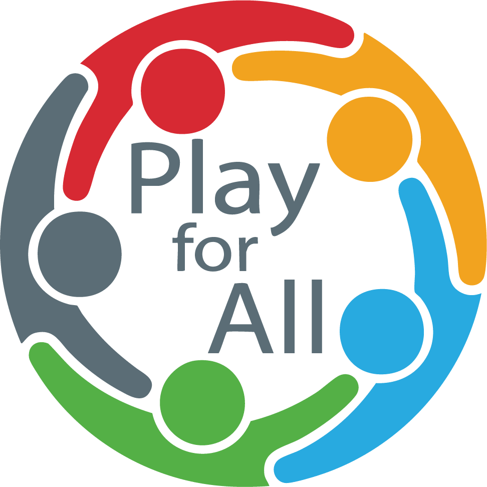 Logo showing four colorful abstract human figures in a circle holding hands, with the words Play for All in the center, symbolizing inclusivity and unity—perfect for events like Sertoma Independence Day Parade and Frontier Days.