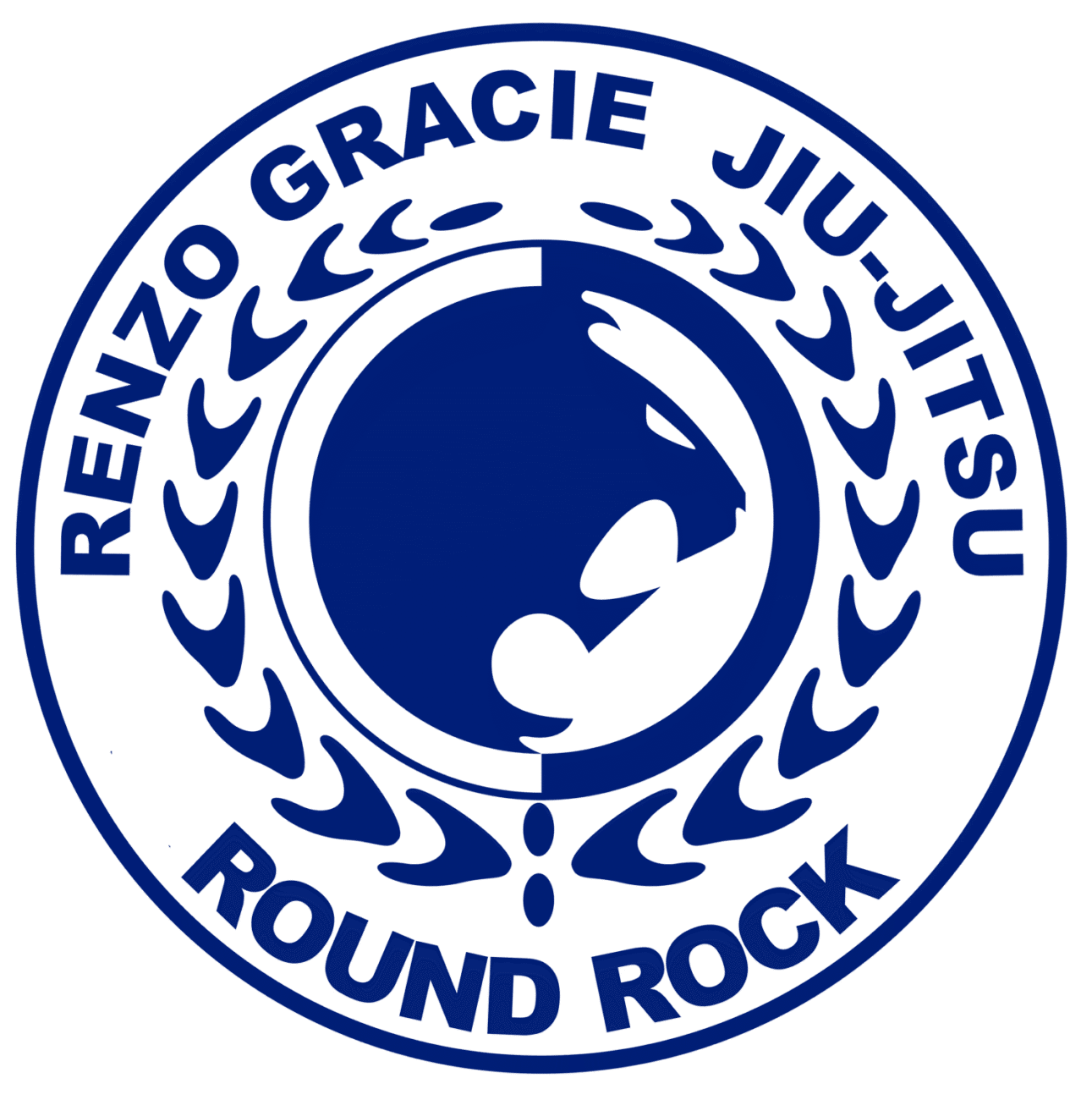 Blue and white circular logo with the text Renzo Gracie Jiu-Jitsu Round Rock surrounding a stylized lion head and laurel leaves, perfect for representing your school at events like the Sertoma Independence Day Parade and Frontier Days.