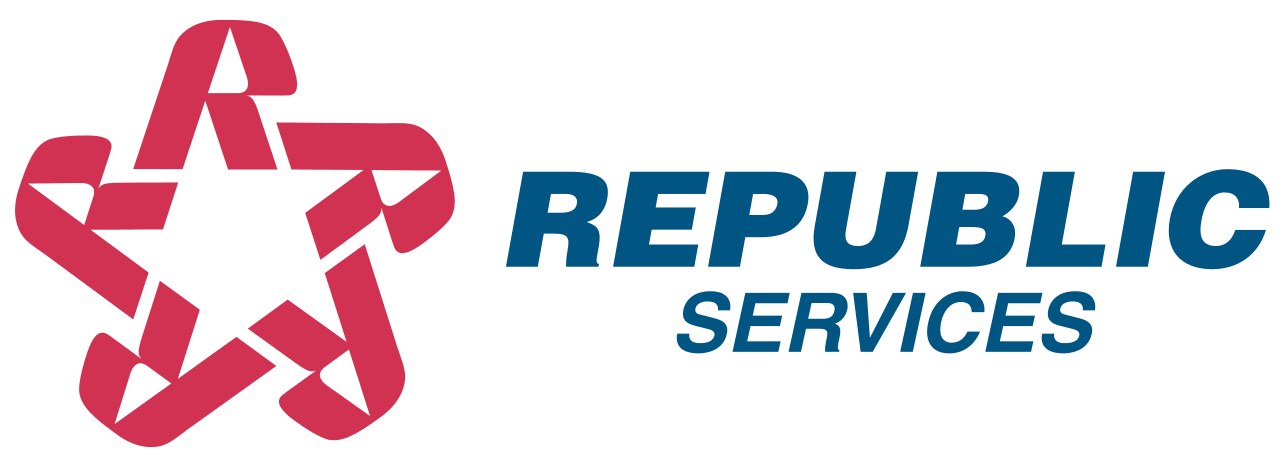 Logo for Republic Services featuring a red, stylized star made of ribbon-like shapes on the left and bold blue text on the right, perfect for events like the Sertoma Independence Day Parade and Frontier Days.