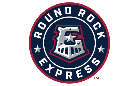 Logo of the Round Rock Express, featuring a stylized train engine with an E and star in the center, surrounded by a navy blue circle with Round Rock Express written in white—perfect for events like the Sertoma Independence Day Parade and Frontier Days.