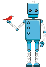 A blue robot is holding a red bird