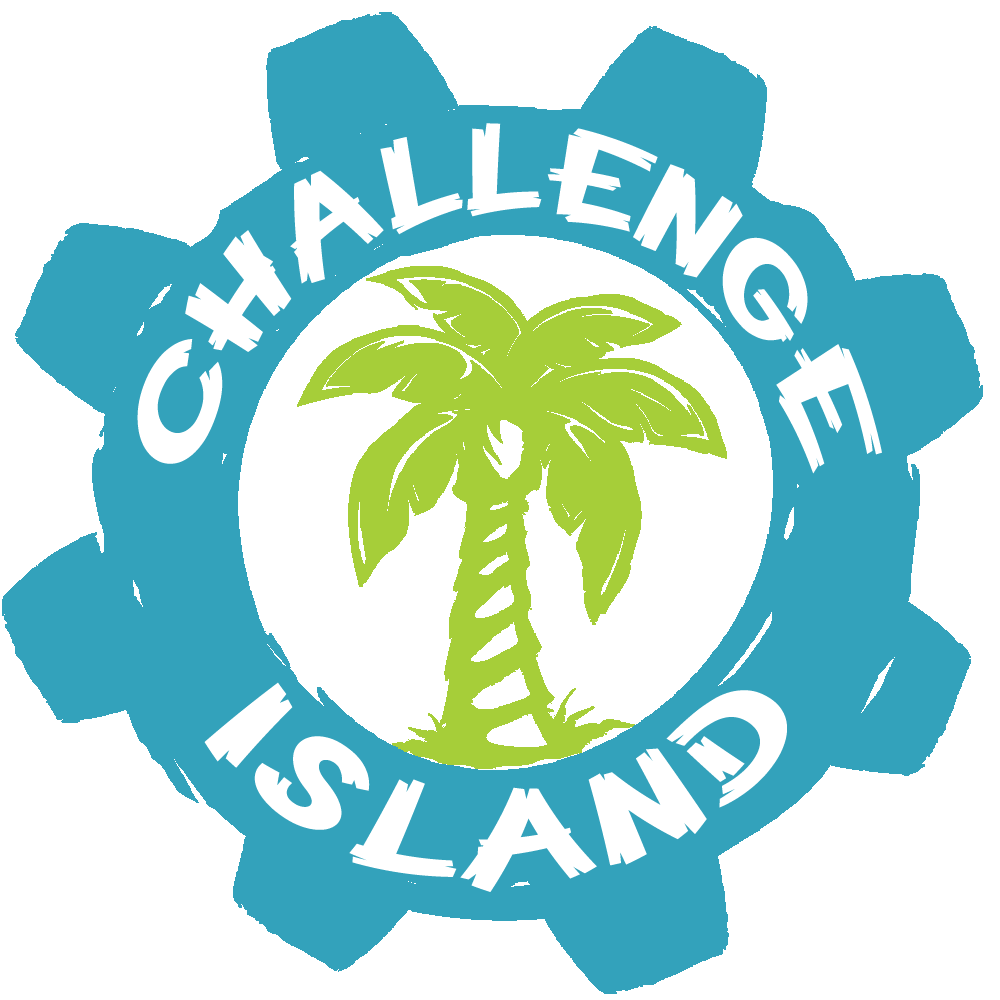 A blue gear-shaped logo with a green palm tree in the center. The words CHALLENGE ISLAND are written in white, curved around the tree inside the gear shape, celebrating Pop Up Play Day 2024.