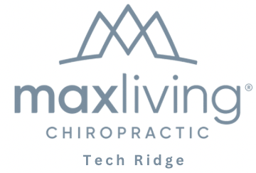 Logo for MaxLiving Chiropractic Tech Ridge, featuring a stylized line design above the words “maxliving CHIROPRACTIC” and “Tech Ridge” below, created especially to celebrate Pop Up Play Day 2024.