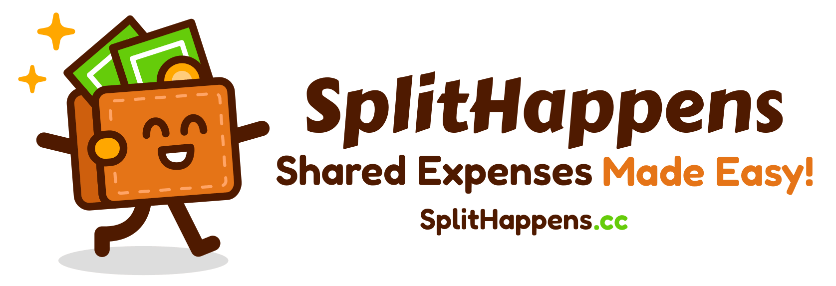 Illustration of a smiling wallet character holding cash, next to bold text: SplitHappens. Shared Expenses Made Easy! Celebrate Pop Up Play Day 2024 with us at SplitHappens.cc below.
