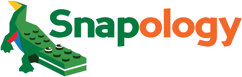 The Snapology logo features the word Snapology in green and orange text, with a Lego-style green alligator on the left, built from toy bricks—perfect for celebrating Pop Up Play Day 2024 with creativity and fun.