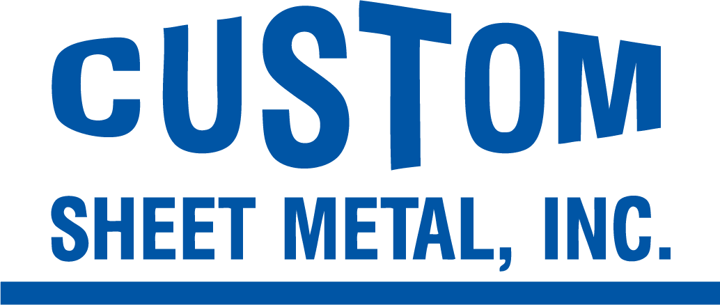 Logo with the words CUSTOM SHEET METAL, INC. in bold blue letters, with CUSTOM in a larger, stylized font and SHEET METAL, INC. in uppercase block letters below.