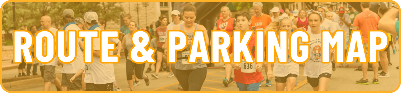 A group of people participates in a road race event. The words “ROUTE & PARKING MAP” are written in large, bold letters across the image.