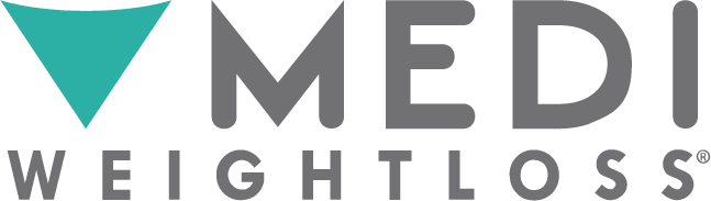 Medi-Weightloss logo featuring a teal downward triangle to the left of the word MEDI in large gray letters, with WEIGHTLOSS in smaller gray letters below.