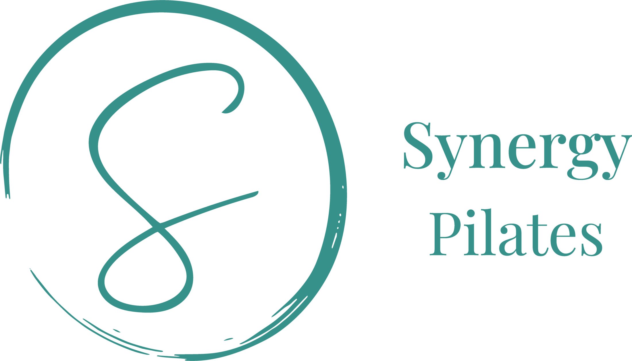Teal logo for Synergy Pilates featuring a stylized S inside a hand-drawn circle, with the words Synergy Pilates in elegant, teal lettering on the right.