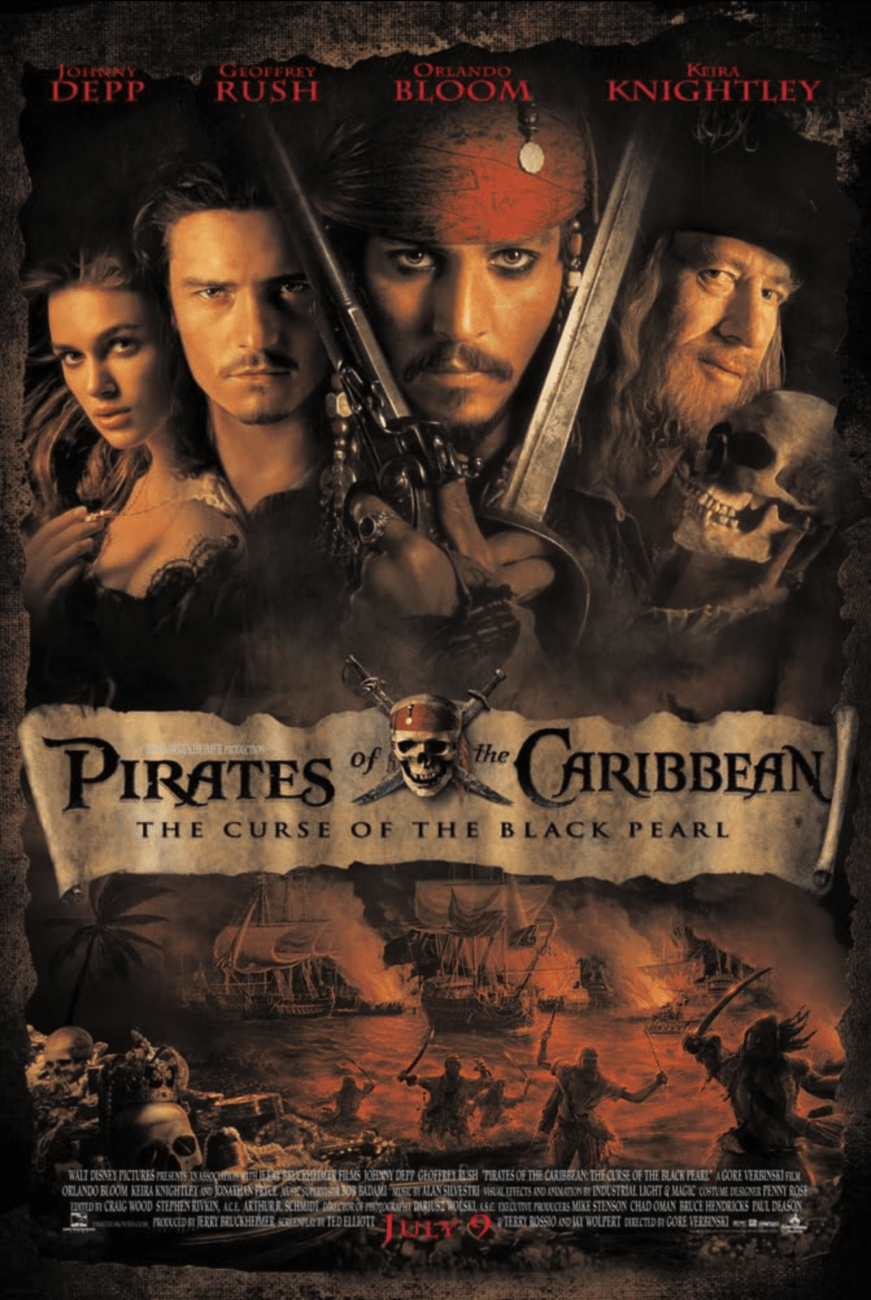 Movie poster for Pirates of the Caribbean: The Curse of the Black Pearl featuring main characters faces above a pirate ship battle at sea, with fire, skulls, and the film’s title in bold text.