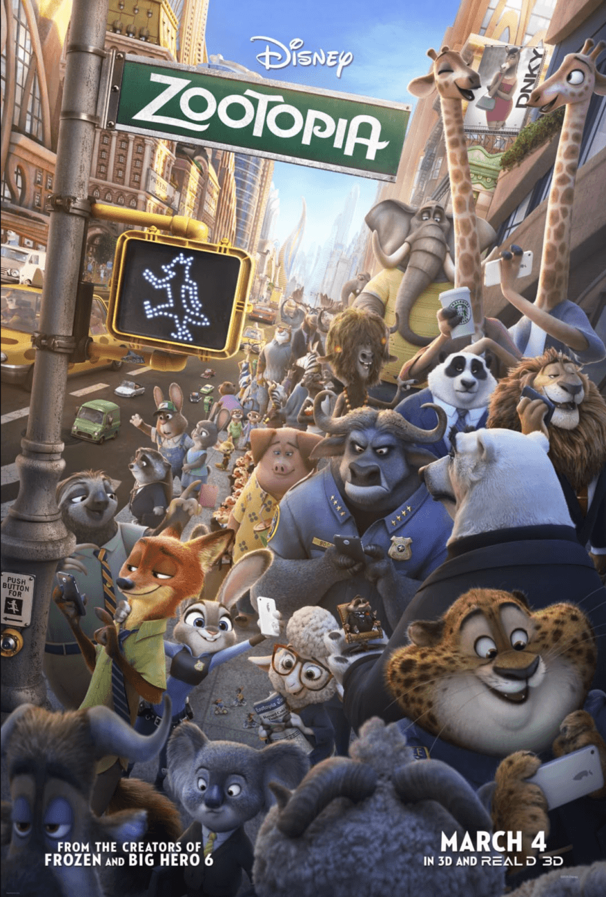 Poster for Disney’s “Zootopia” showing a crowded city street filled with various animated animals, including a fox, rabbit, cheetah, and buffalo, with city buildings and traffic lights in the background. Release date: March 4.