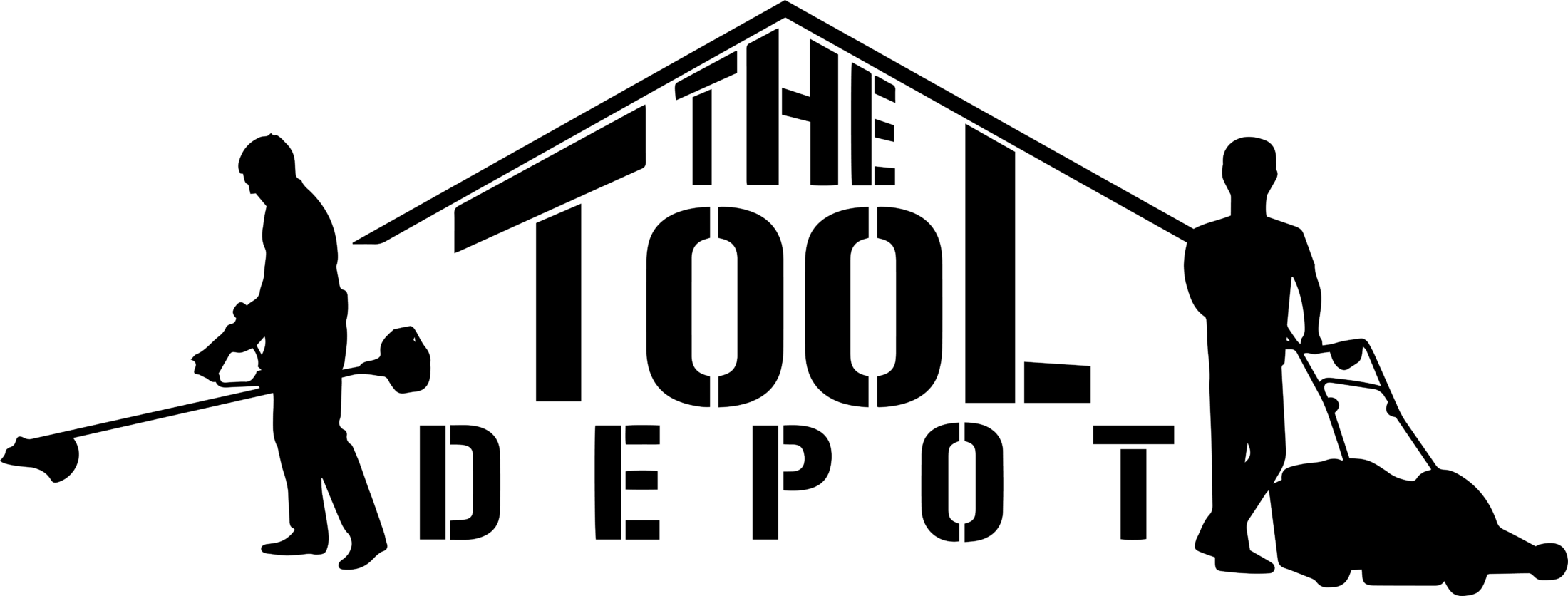 Silhouette of two people using lawn tools with the words THE TOOL DEPOT inside a house-shaped outline.