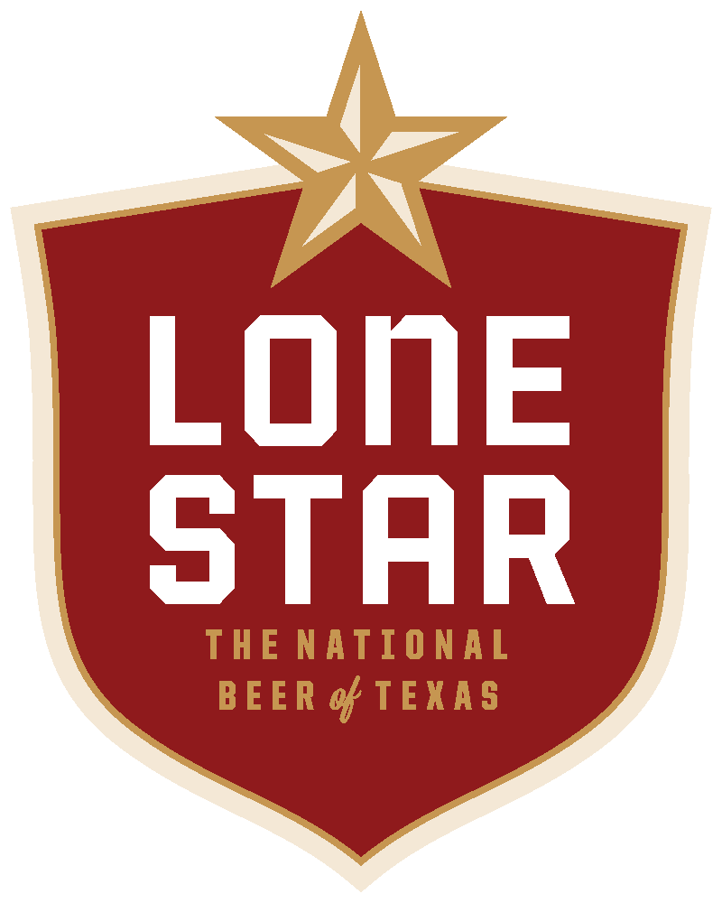 A red shield-shaped logo with a gold star on top. White text reads Lone Star and gold text below says The National Beer of Texas. Gold and white borders outline the shield.