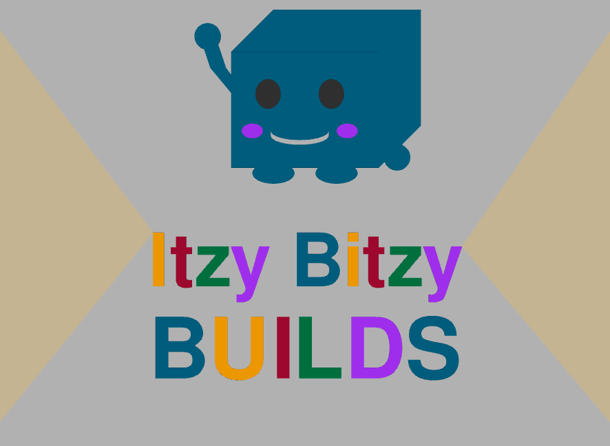 A smiling blue cube character with raised arm above the colorful text Itzy Bitzy BUILDS on a gray and tan background.