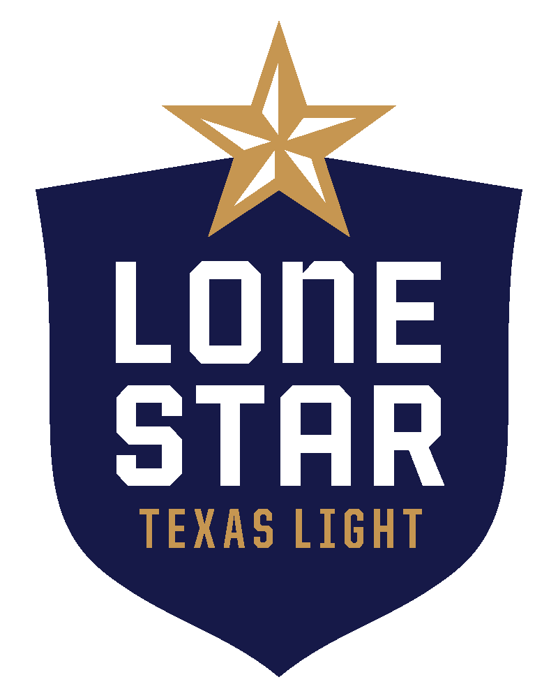A dark blue shield-shaped logo with a gold star on top. White bold text reads LONE STAR and smaller gold text below reads TEXAS LIGHT.