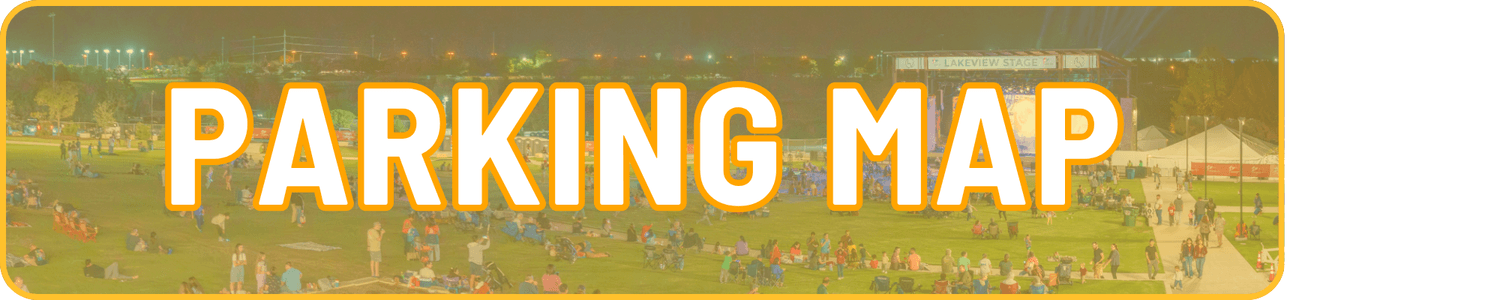 Large yellow and white text reading PARKING MAP overlays a nighttime outdoor event with people sitting on grass and tents and a stage in the background.