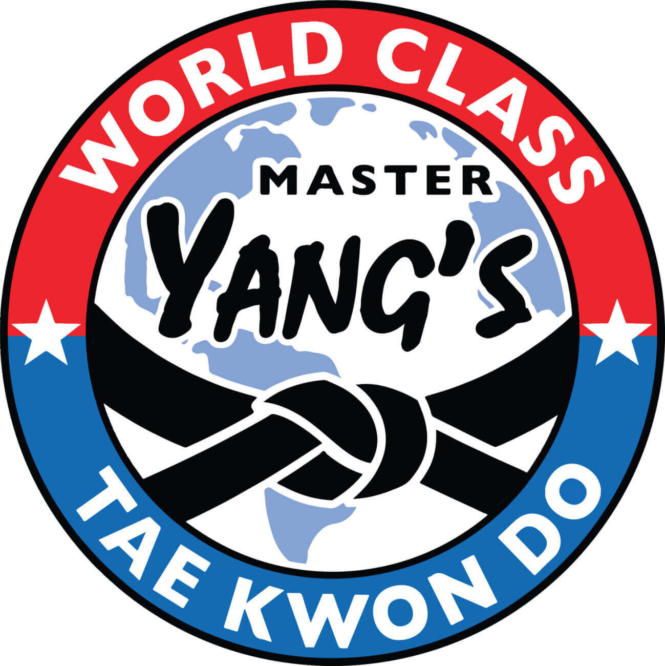 A circular logo with a globe in the background, the words Master Yangs across the center, a black belt below, and red and blue outer rings reading World Class Tae Kwon Do with white stars on each side.