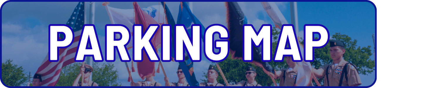 A group of uniformed individuals stands outdoors holding various national and state flags. Large bold text across the image reads PARKING MAP. Trees and blue sky are visible in the background.