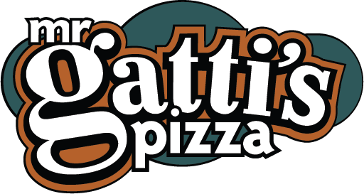 The Mr. Gatti’s Pizza logo features bold, stylized white and orange lettering with black shadows on a dark green background shaped like overlapping circles.