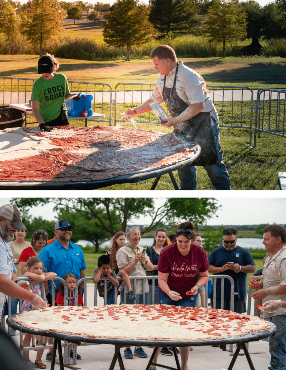 Two photos show people outdoors making a giant pizza. In the first, a man in an apron spreads sauce on dough. In the second, a woman adds toppings while a crowd, including children, watches and smiles.