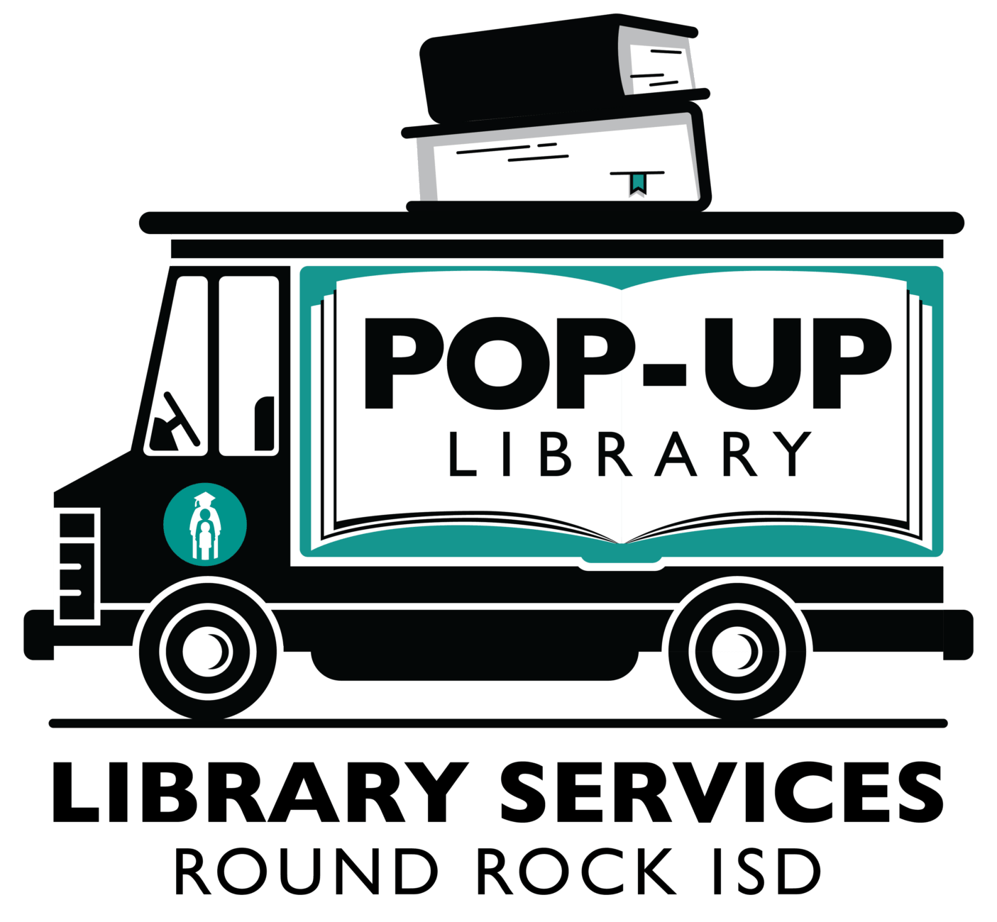 Illustration of a library truck with an open book labeled POP-UP LIBRARY on its side and two stacked books on its roof. Text below reads Library Services Round Rock ISD.