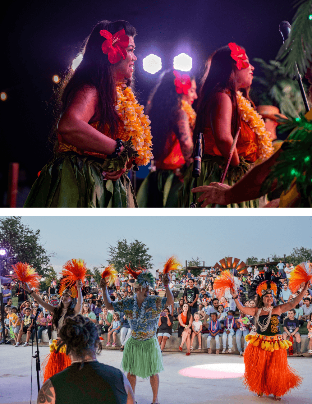 Top: Women in grass skirts and flower leis perform a traditional Hawaiian dance on stage at night. Bottom: Dancers in tropical costumes and headdresses perform for a seated outdoor audience during the day.