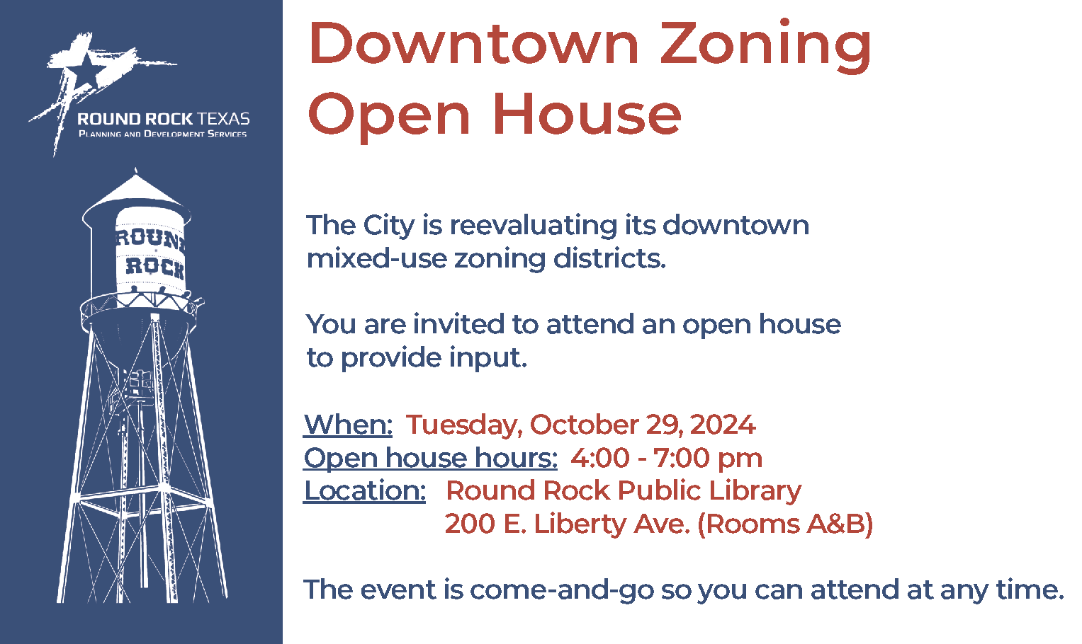 Opens pdf of invitation to Downtown Zoning Open house on October 29 from 4-7 pm at the Round Rock Public Library