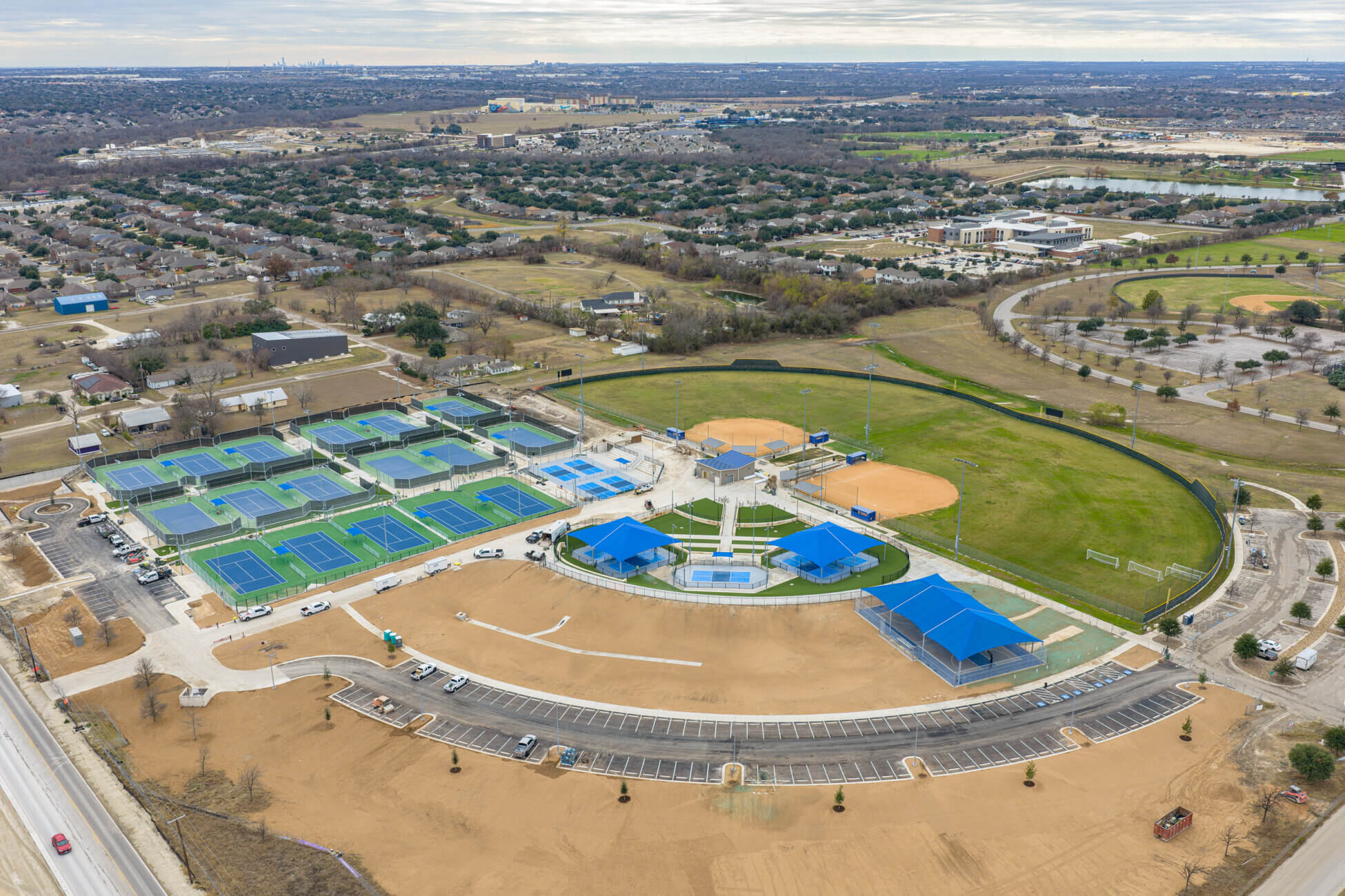 The Old Settlers Park Expansion includes dedicated pickleball courts, shade structures, and additional parking. 